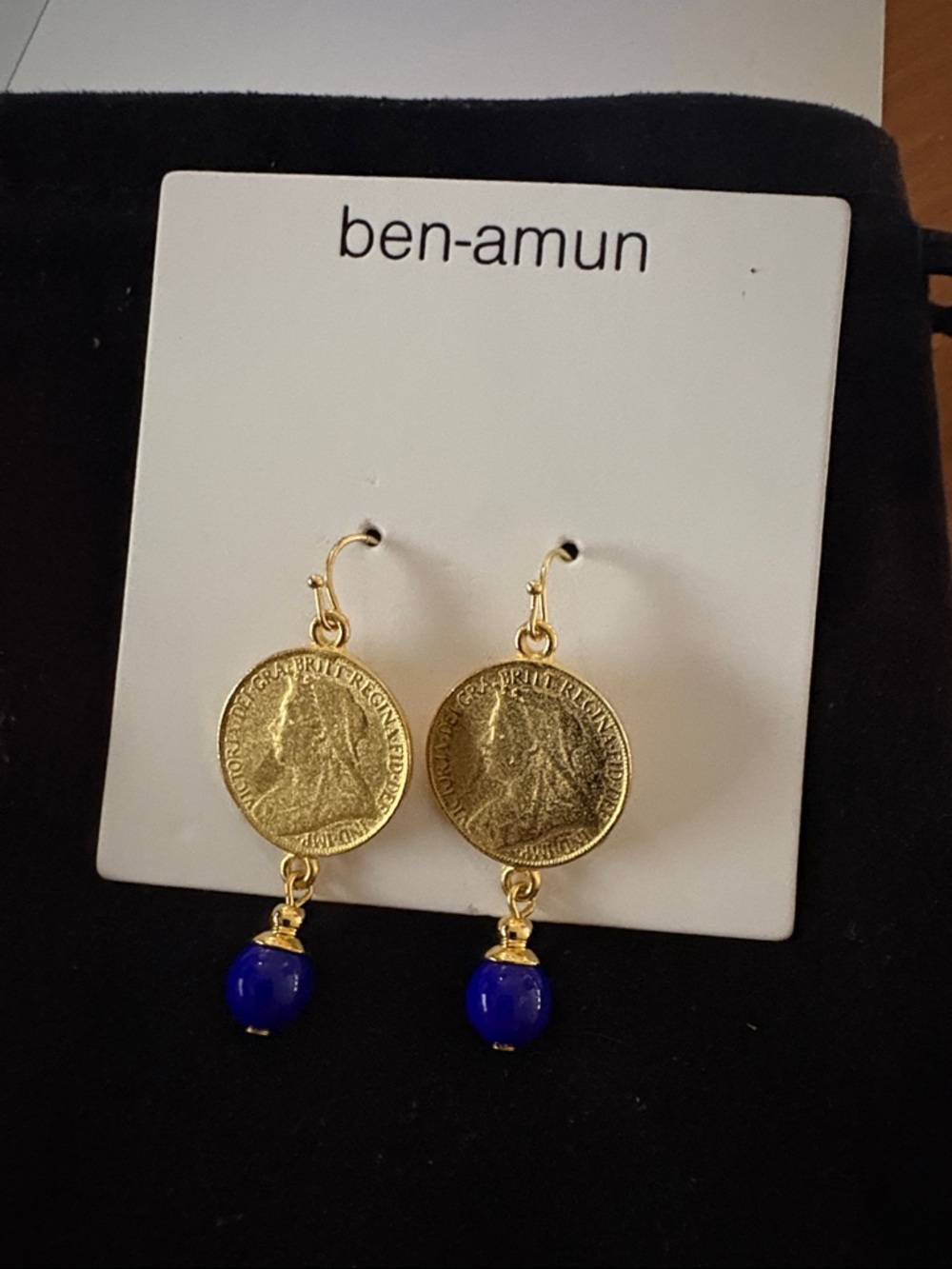 ben-amun Gold Coin Drop Earrings with Blue Bead - brand new on card